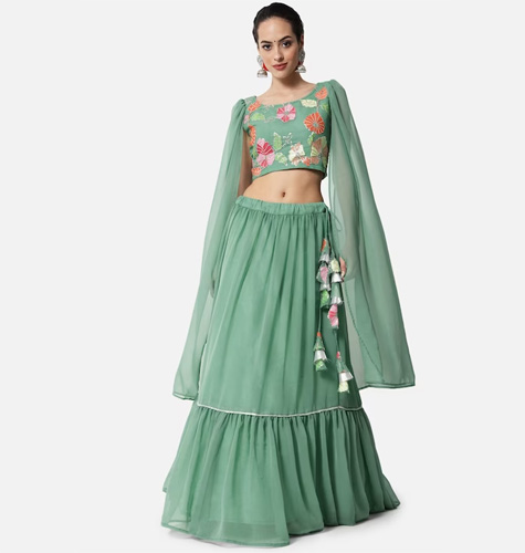 Sea Green Solid Ready to Wear Tiered Lehenga And Embroidered Sequined Choli